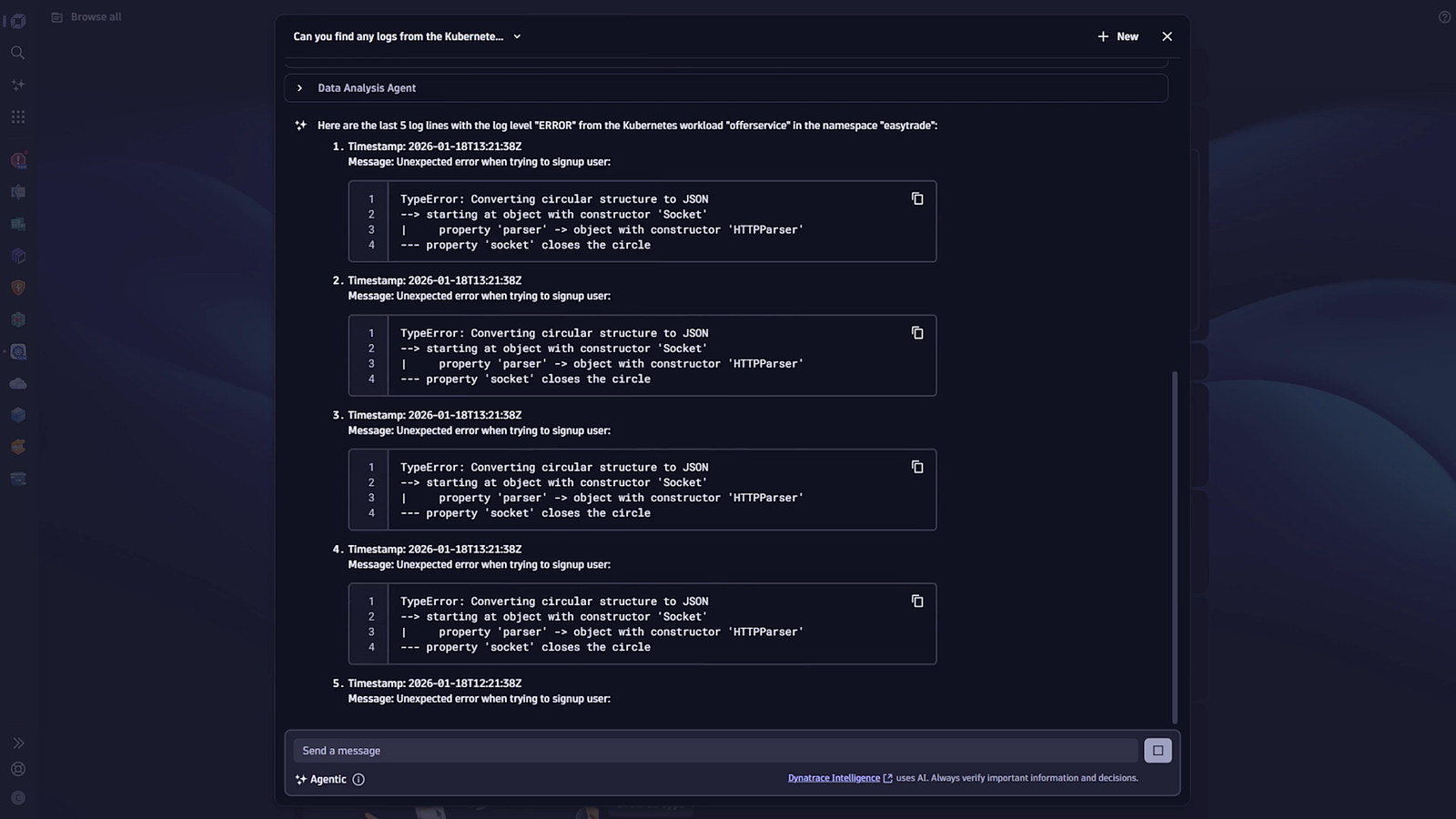 Expand and explore the last error logs of a specific entity or resource without actually pivoting into different, domain-specific applications.