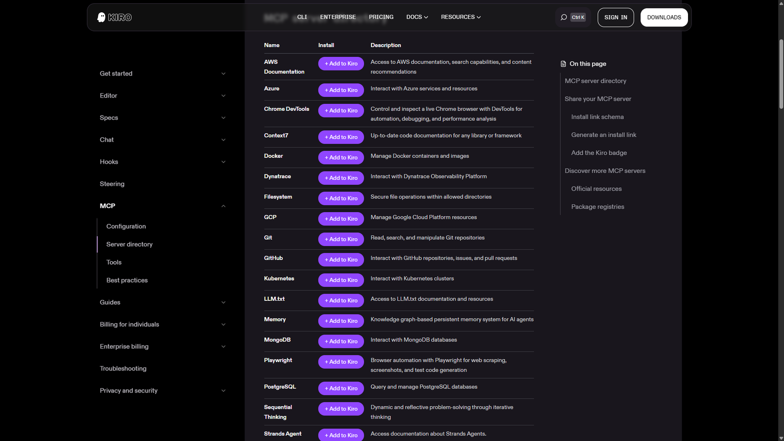 Just click to install Dynatrace from the Kiro MCP server directory.