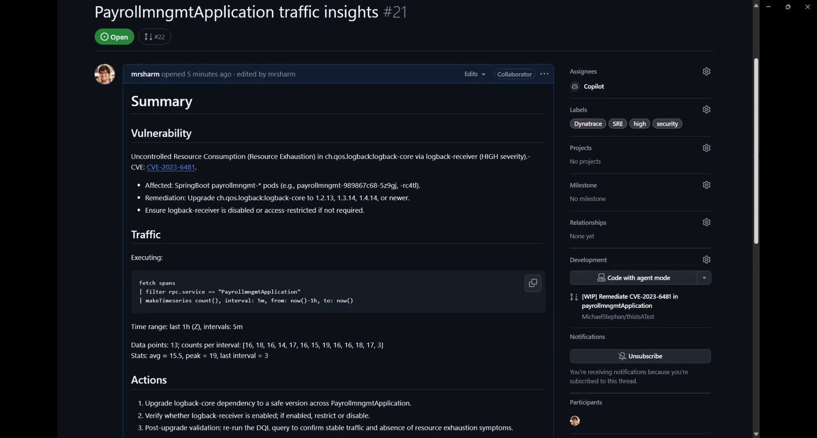 Dynatrace automatically creates a GitHub issue for any newly detected vulnerability, including production details.
