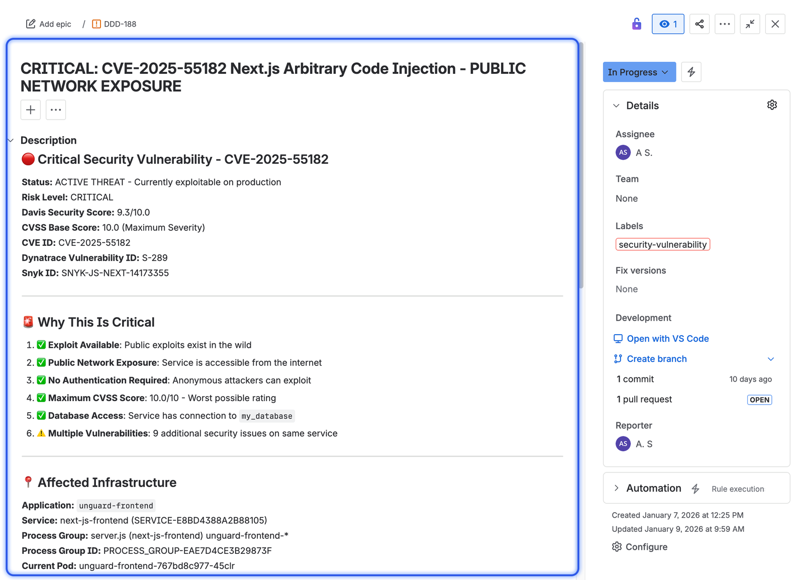 Jira ticket created from the corresponding Dynatrace RVA reported vulnerability.