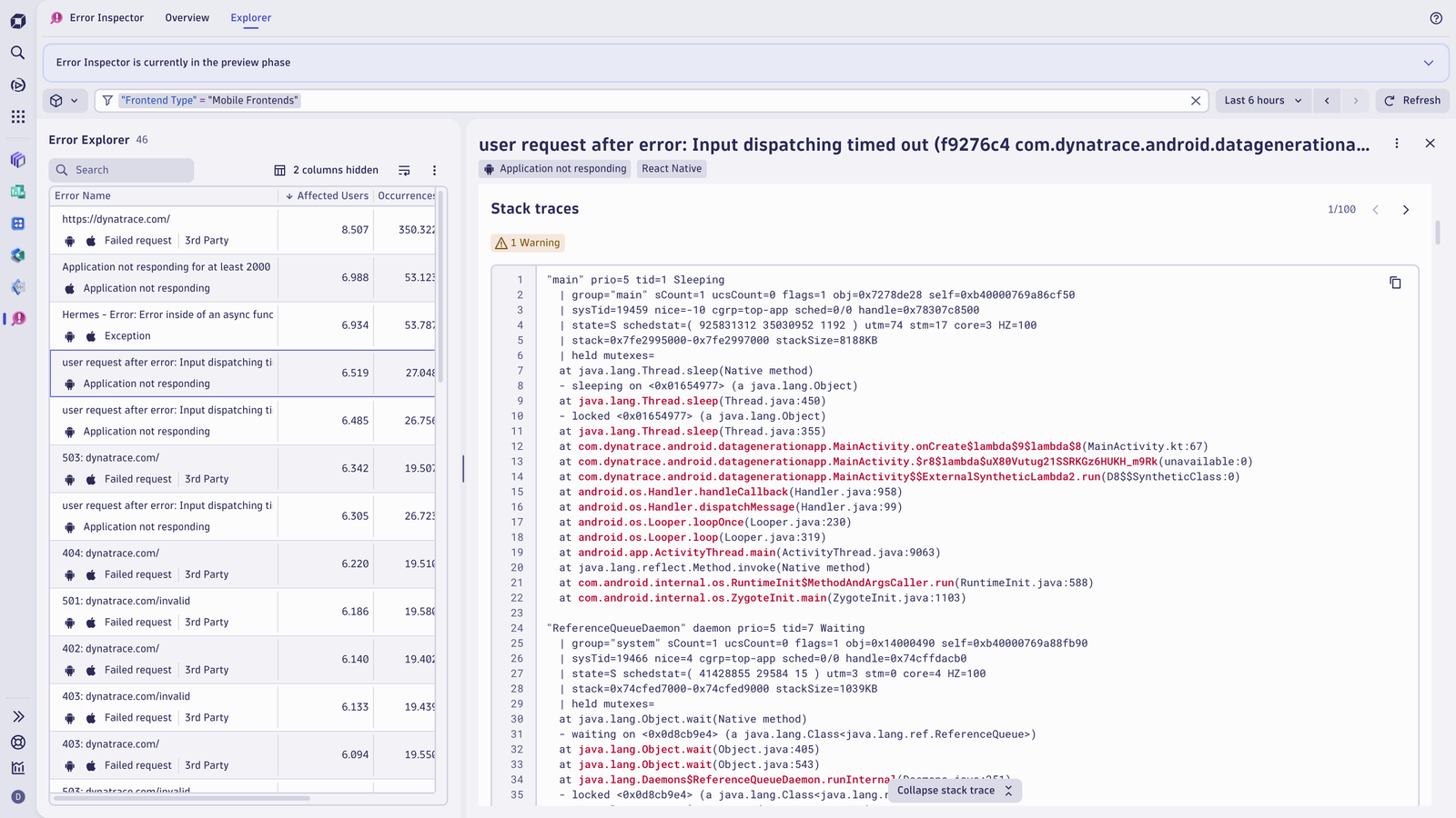 No more guessing as you receive deobfuscated error messages for frameworks like ReactNative. Catch ANRs, identify the root cause, and deploy a fix.