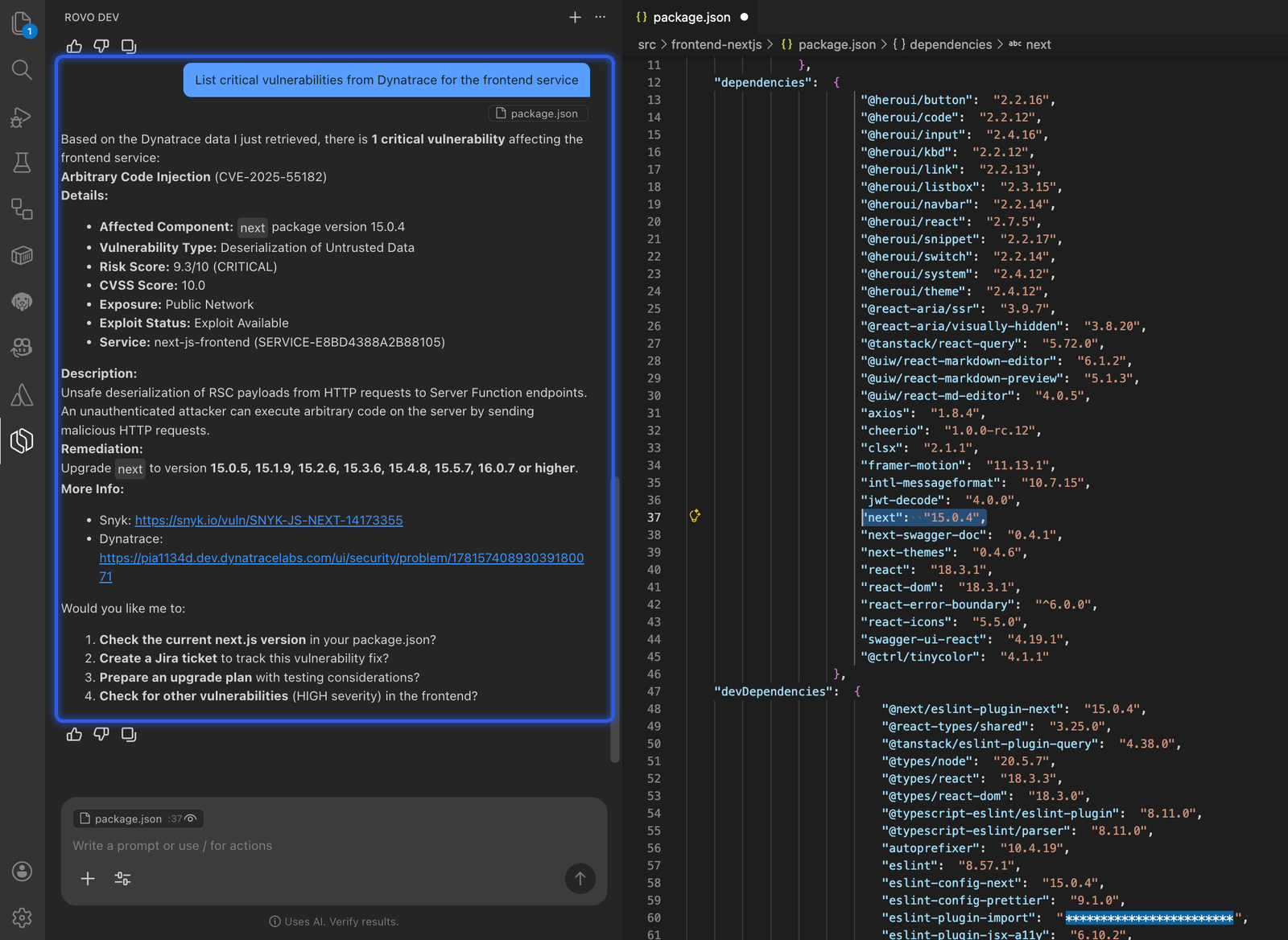 Atlassian Dev displays critical vulnerabilities identified by Dynatrace Runtime Vulnerability Analytics (RVA).