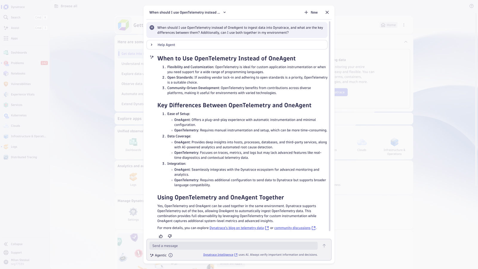Get quick answers from Dynatrace support resources to help with understanding foundational concepts, such as when to use OpenTelemetry and  OneAgent.