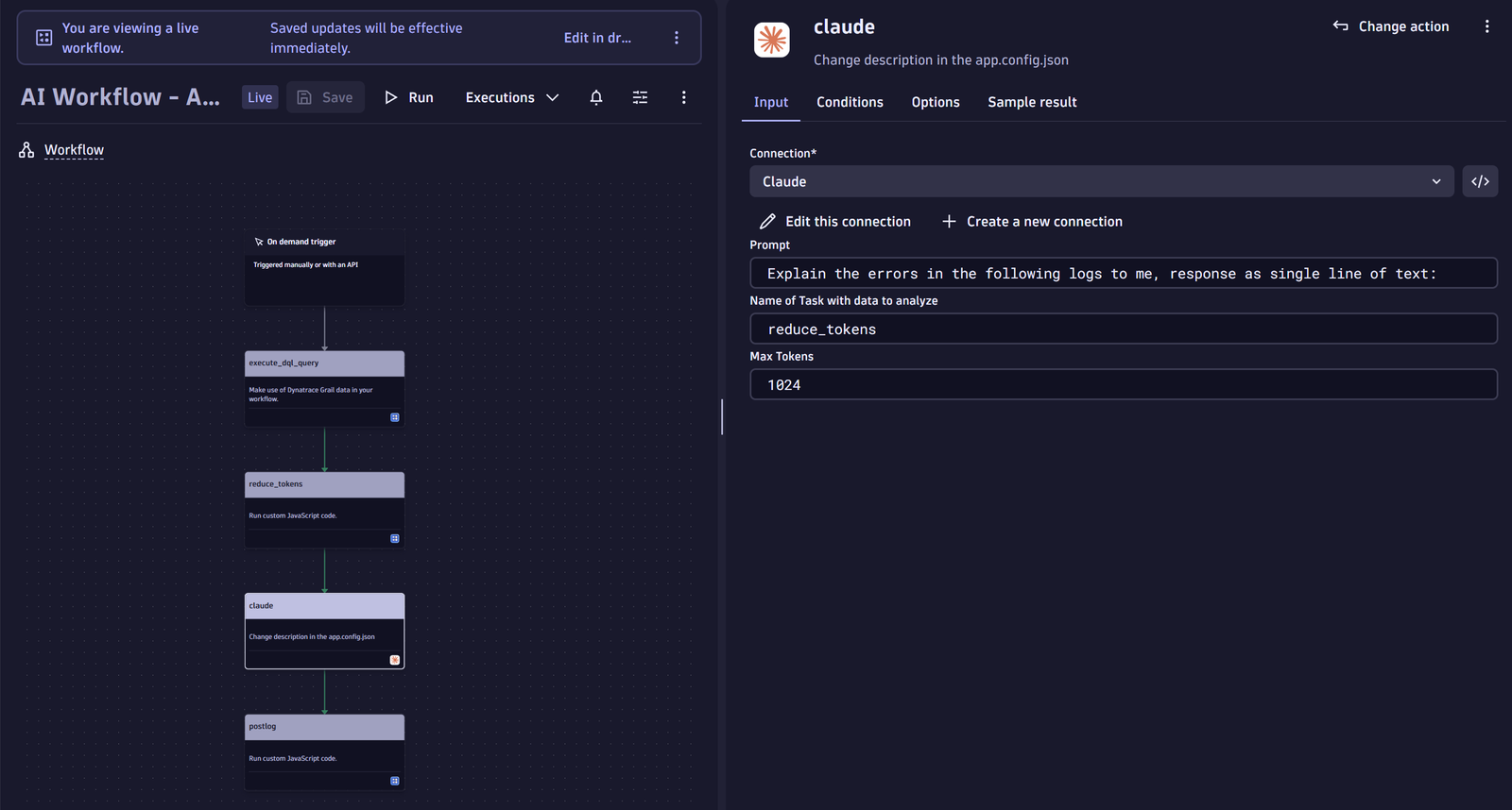 Dynatrace workflow with Claude action