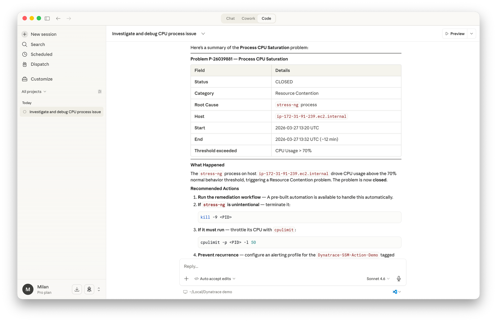 View real-time production insights from your Dynatrace environment in Claude