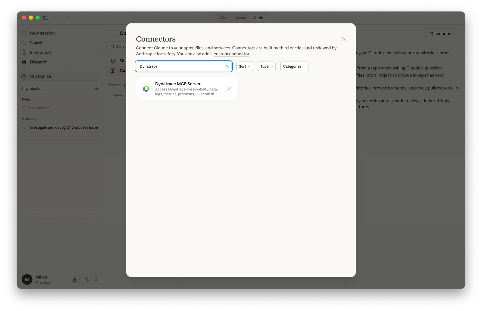 Dynatrace MCP Server listing in Claude