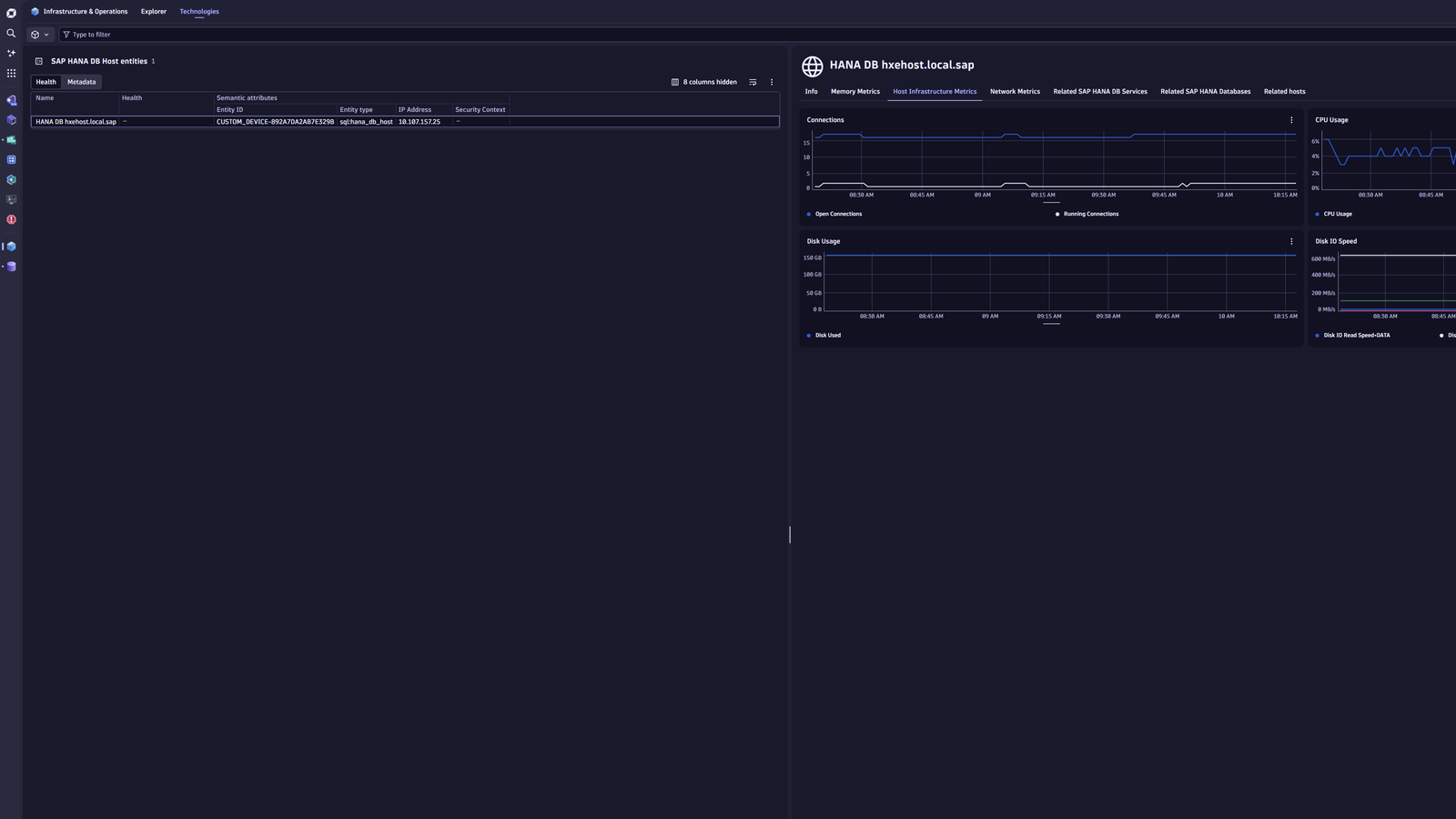 A SAP HANA DB Host in the Infrastructure & Operations App