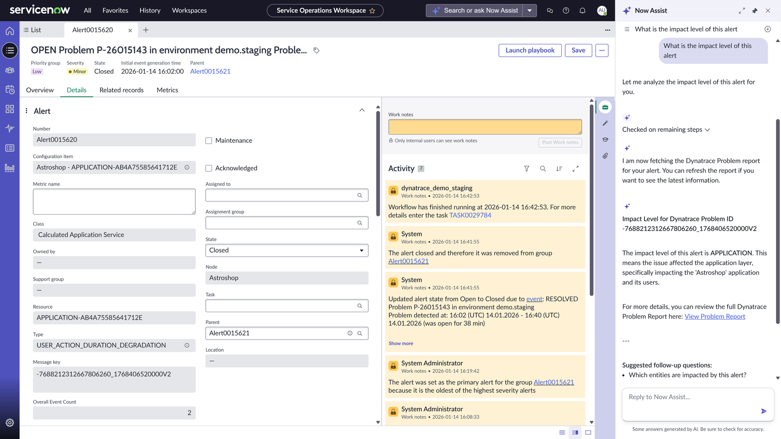 ServiceNow UI; Dynatrace Assist with alert level of impact