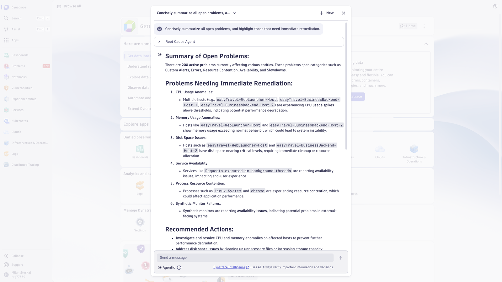 Ask Dynatrace Assist to summarize all open problems to get a quick overview of your environment.