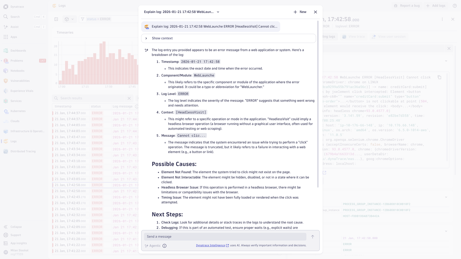 Ask Dynatrace Assist to explain your logs to quickly get the insights, potential impact, likely causes and recommended next steps.