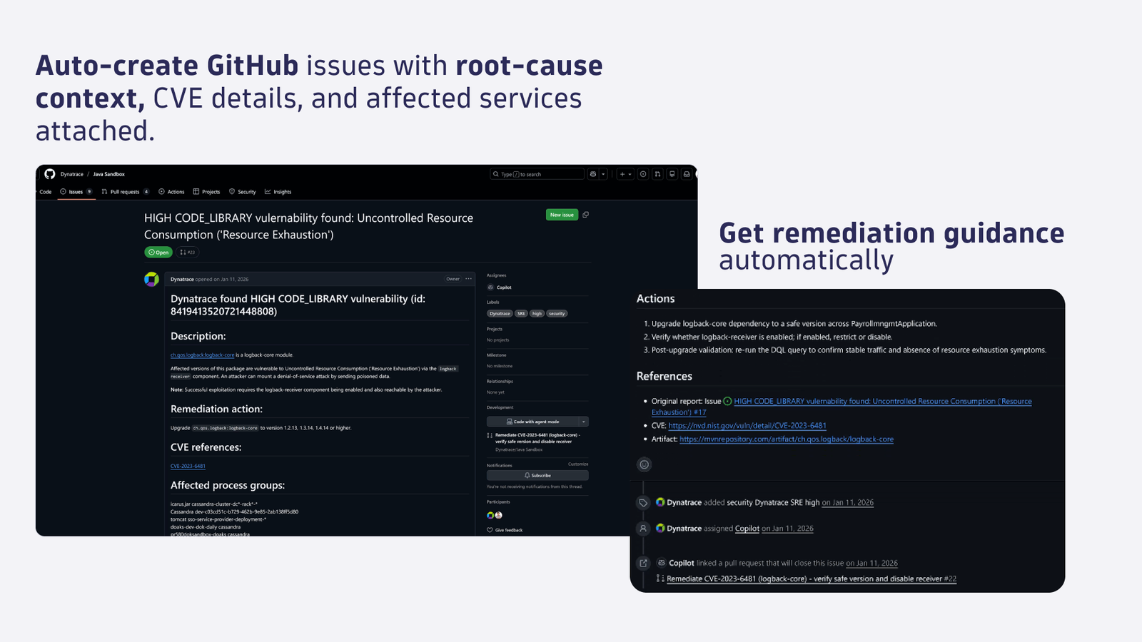 Auto-create Github issues with root-cause context, CVE, and affected services attached