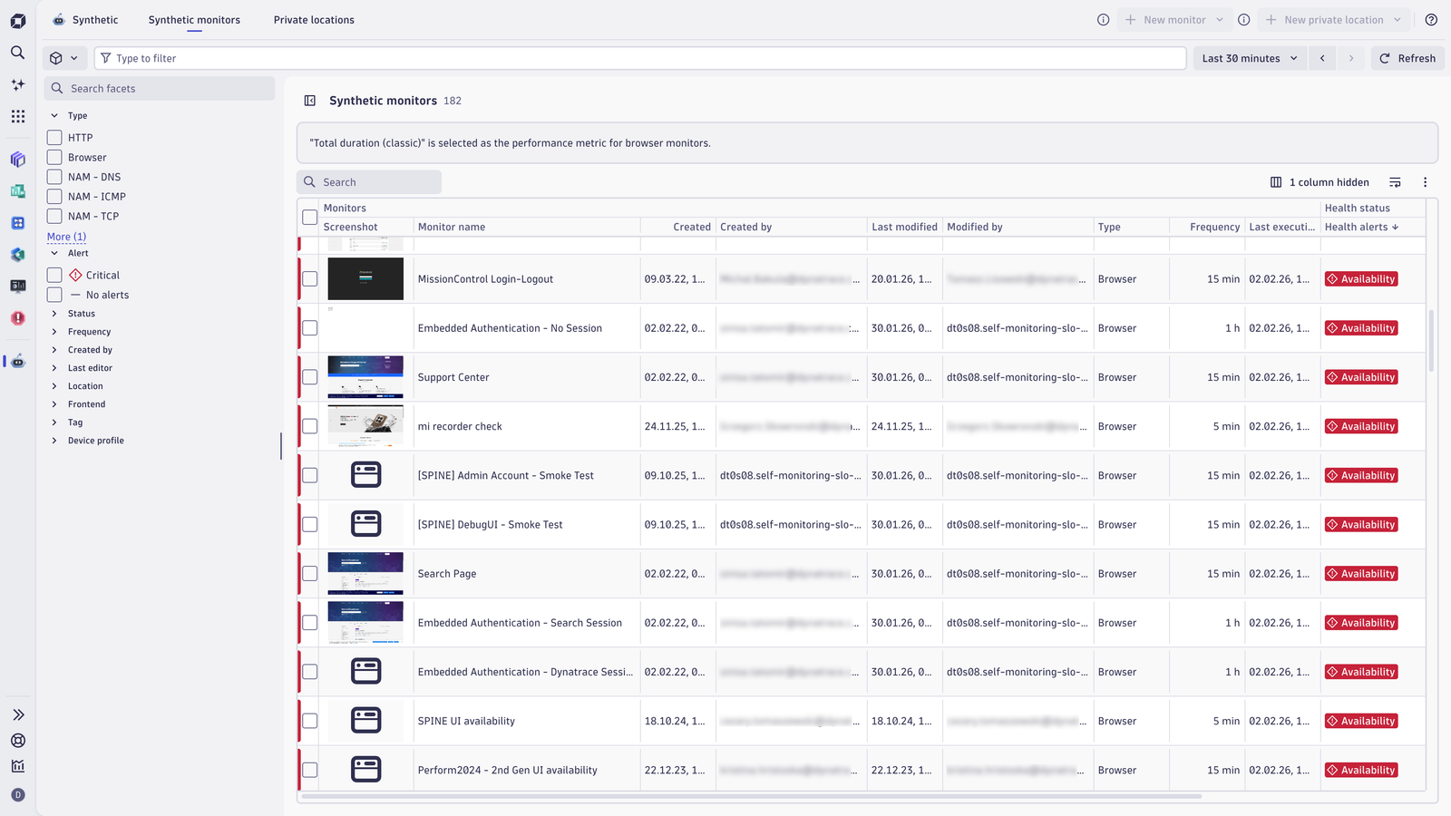 List of synthetic monitors with powerful filters, key metrics, and a preview panel showing config details and recent execution results