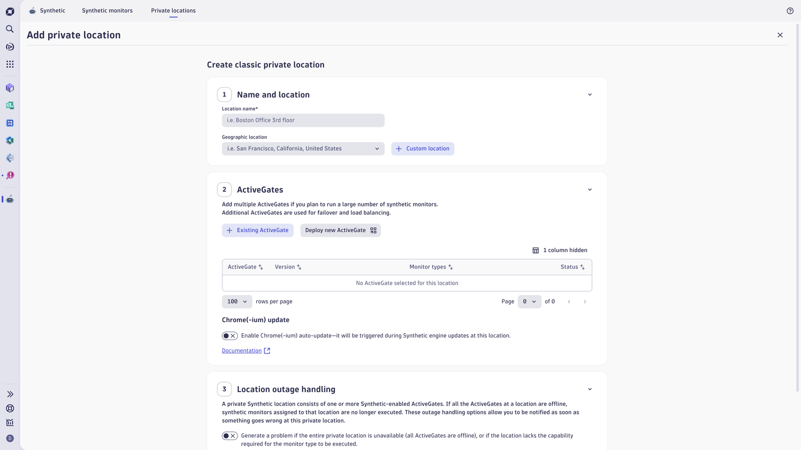 Configure this private synthetic location: geo position, assigned ActiveGates, and rules for self‑monitoring problem triggers