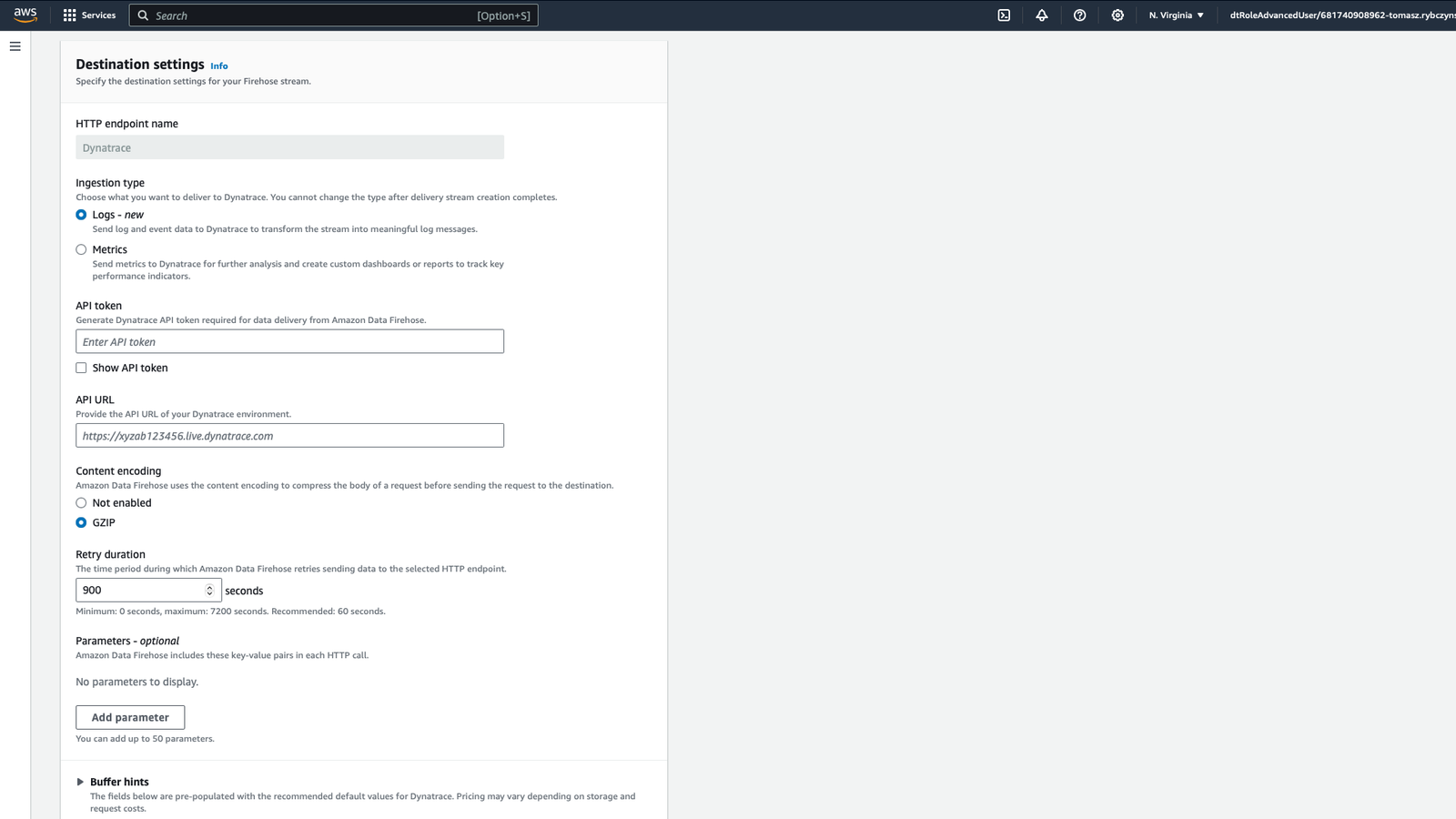 Figure 2: Create Firehose stream - Destination settings