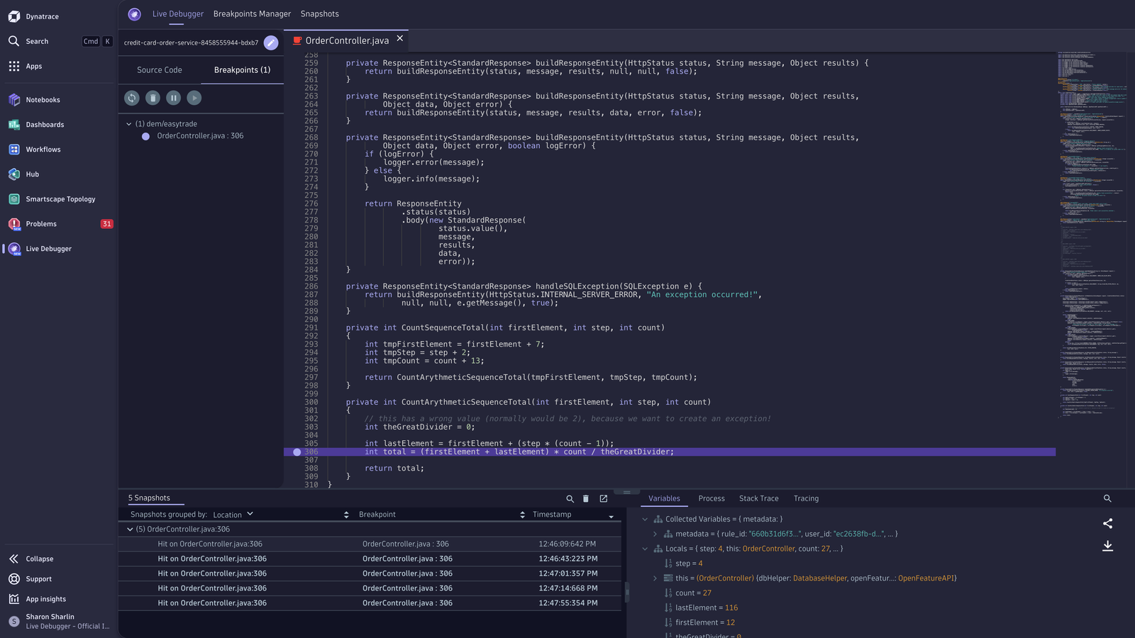 Real-time snapshot of debug data created once a non-breaking breakpoint has been triggered.
