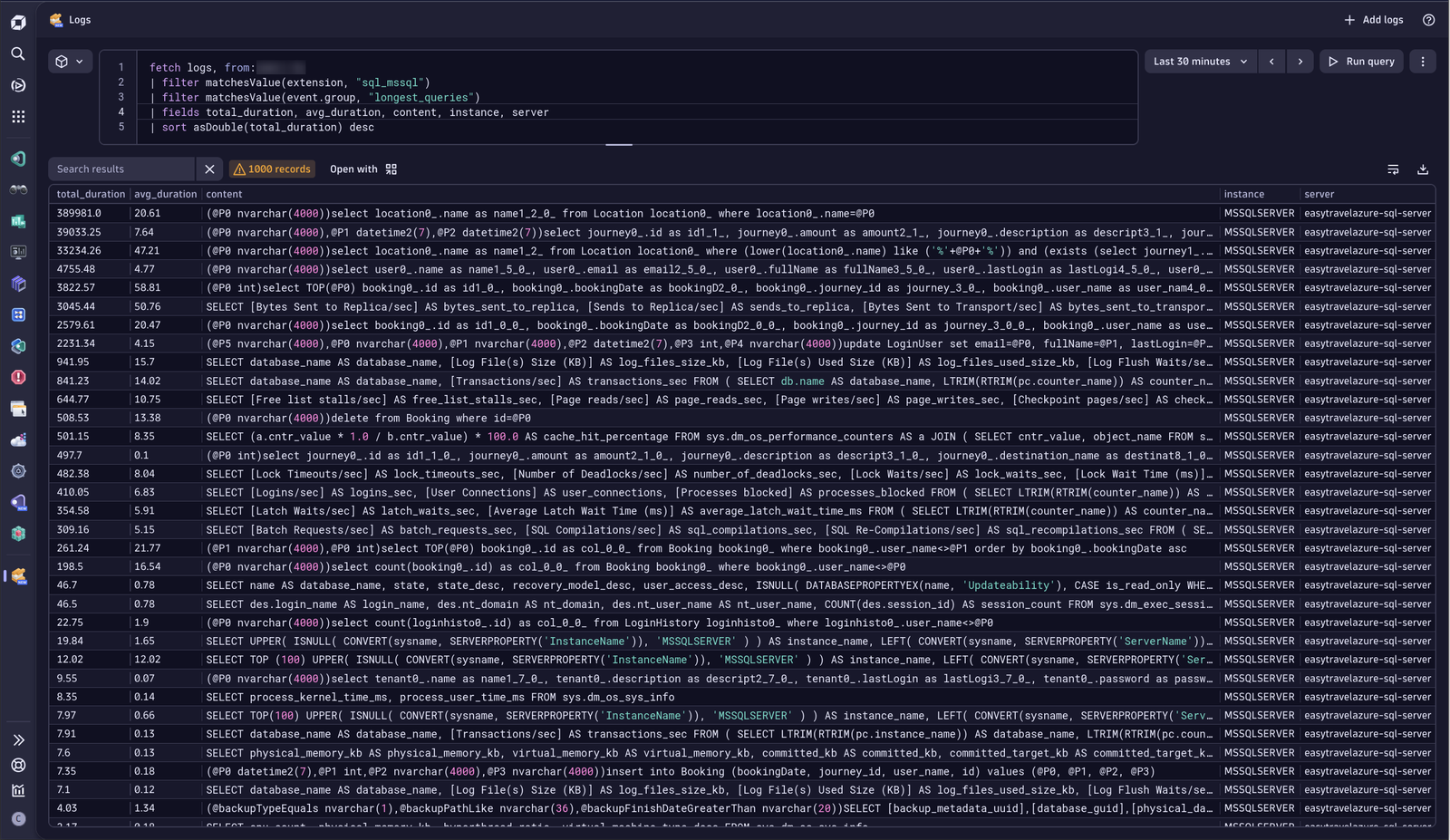See the longest running queries in your SQL Server environment via logs ingested by the extension.