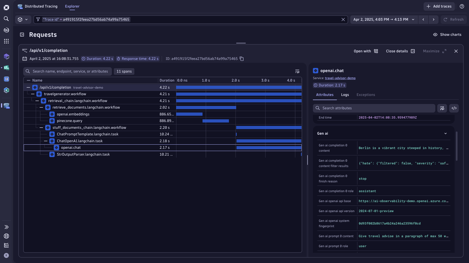 Distributed tracing debugging of Azure OpenAI service