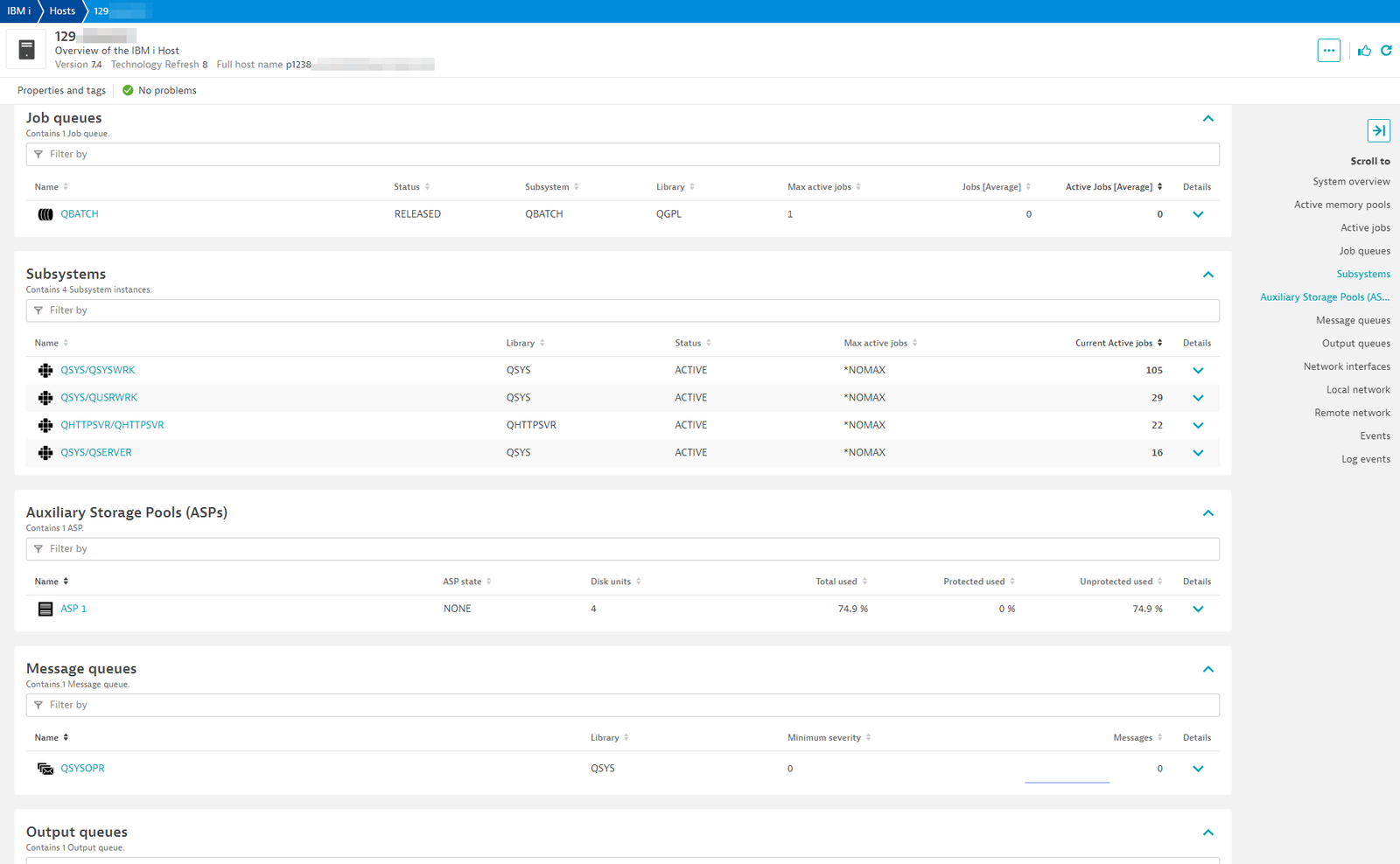 Host view - Subsystem, Job queues, ASPs