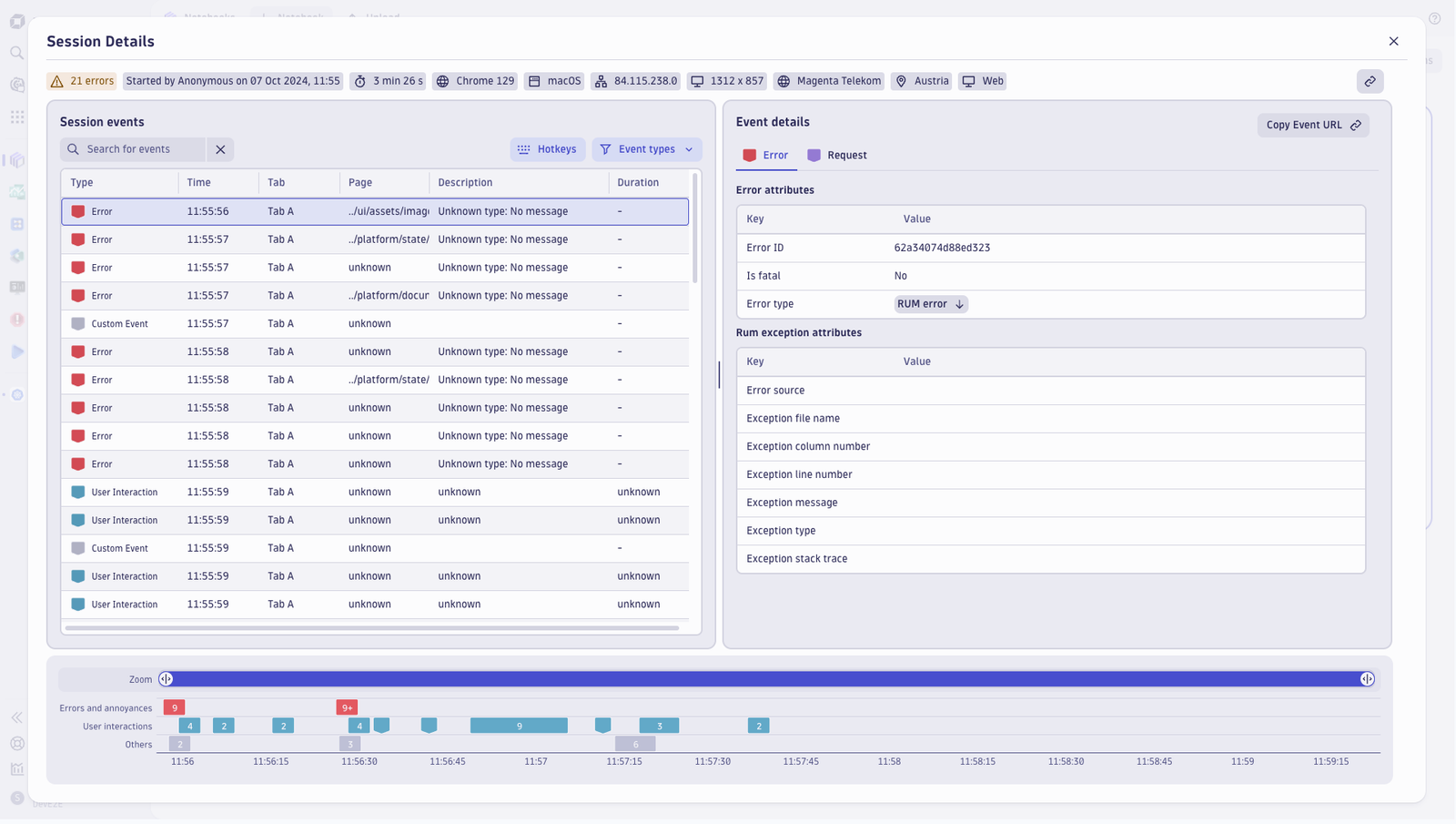 Session events and details and attributes (browser, screen resolution, location). Shows a list of errors, user interactions, and custom events.