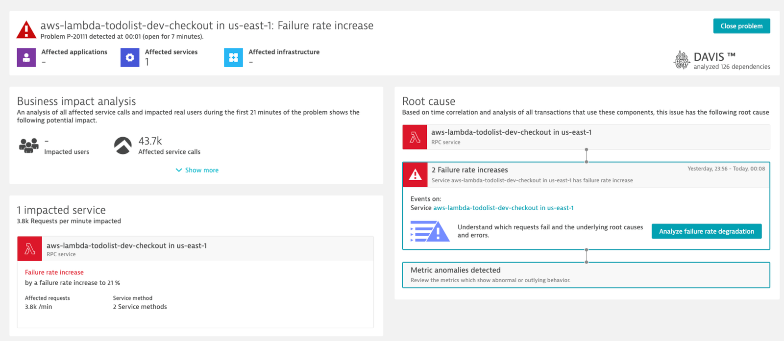 Davis AI automatically detects errors on Lambda functions and guides you directly to the root cause.