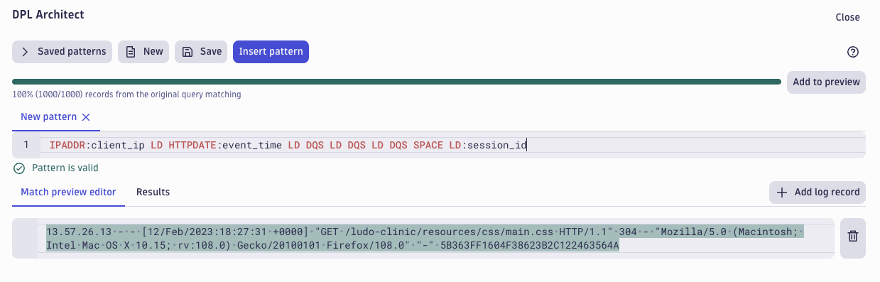 screenshot showing a query that extracts session IDs involving the target IP address