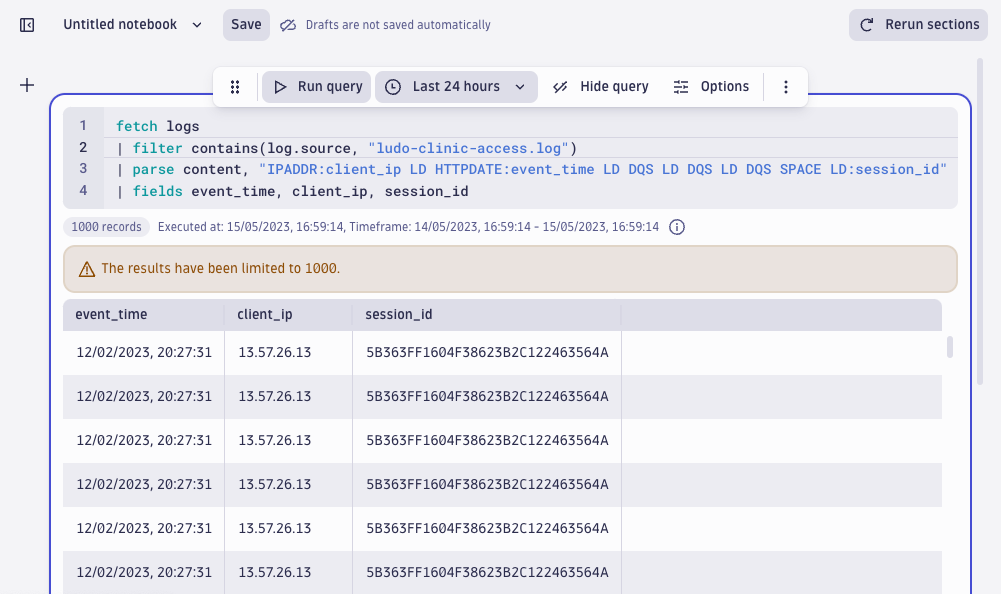 screenshot showing the results of a query that extracts session IDs involving the target IP address