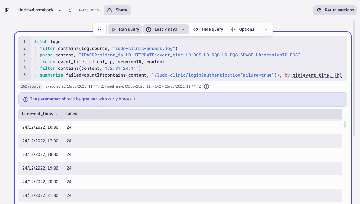 screenshot showing a query that counts the number of failed logins involving the target IP address