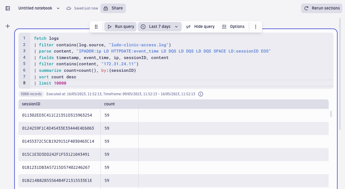 screenshot showing a query that identifies logins by session ID that suggests automated activity.