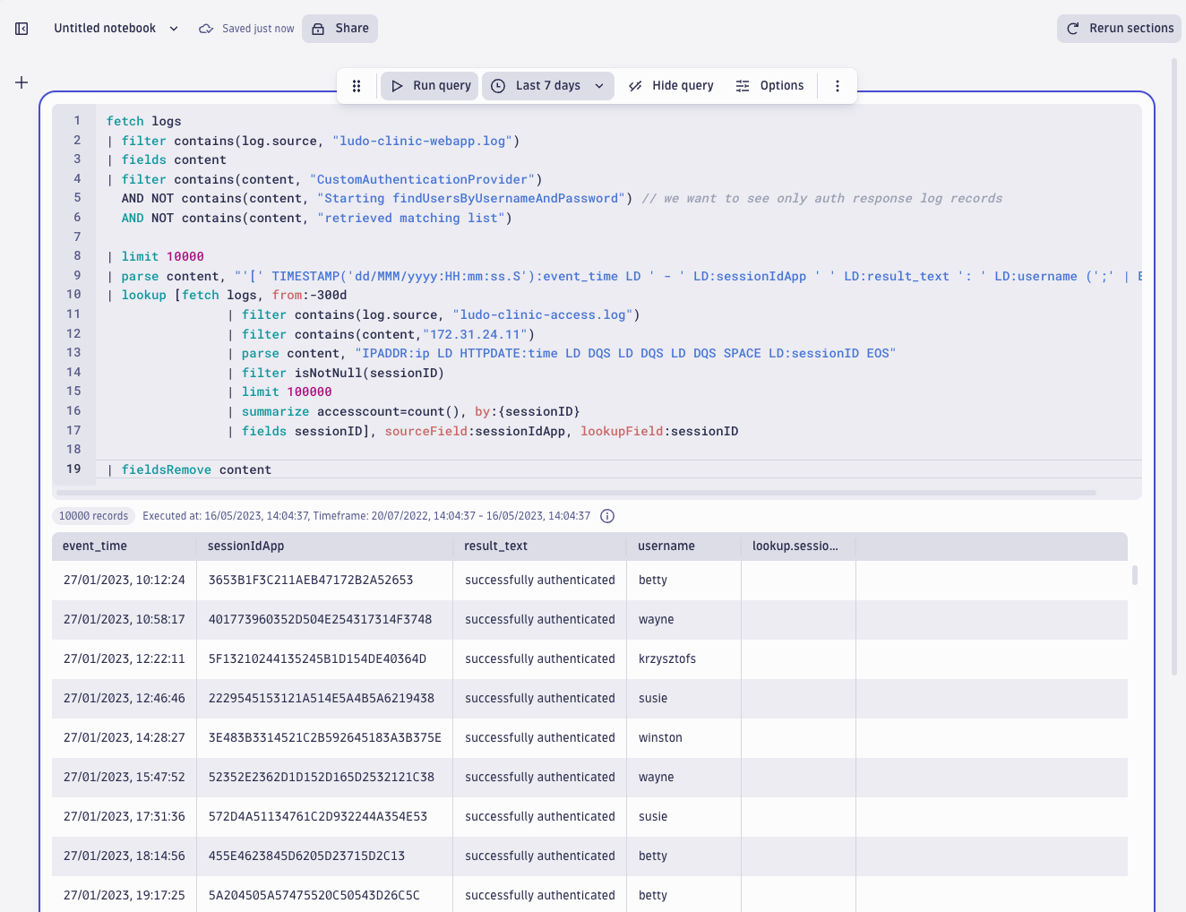Screenshot showing the results of attempted authentications.