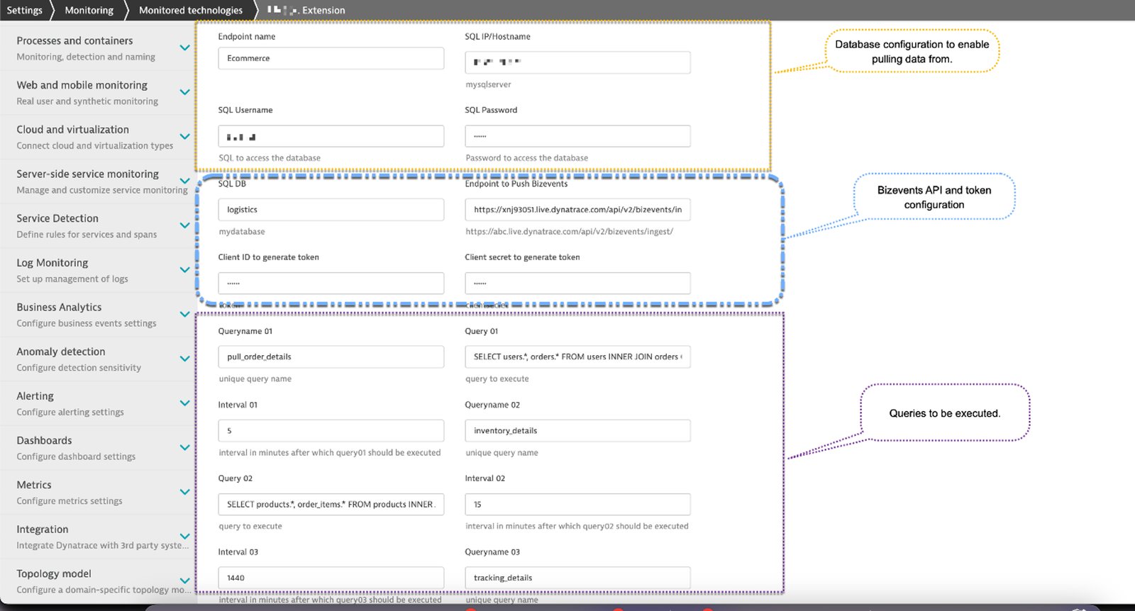 Dynatrace extension settings SQL DB