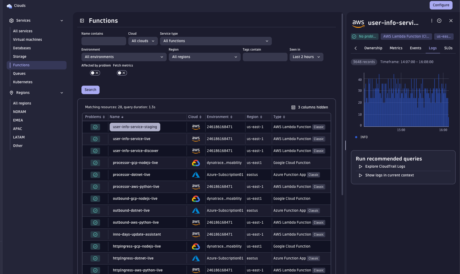 Log insights are automatically displayed for the selected resource.