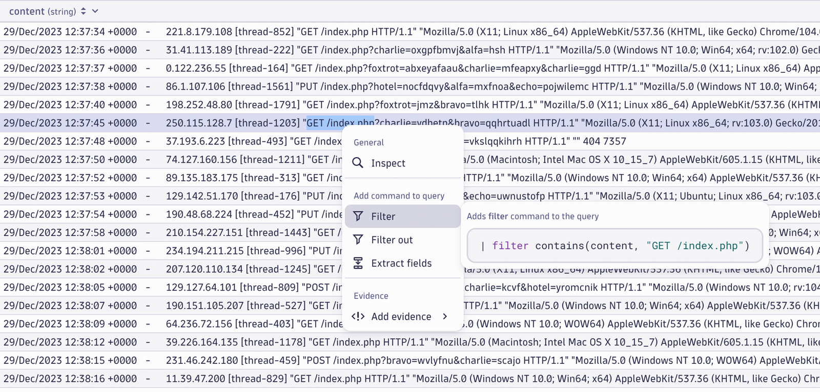 Select a portion of a text string to add to your DQL query with the correct syntax for the desired action.