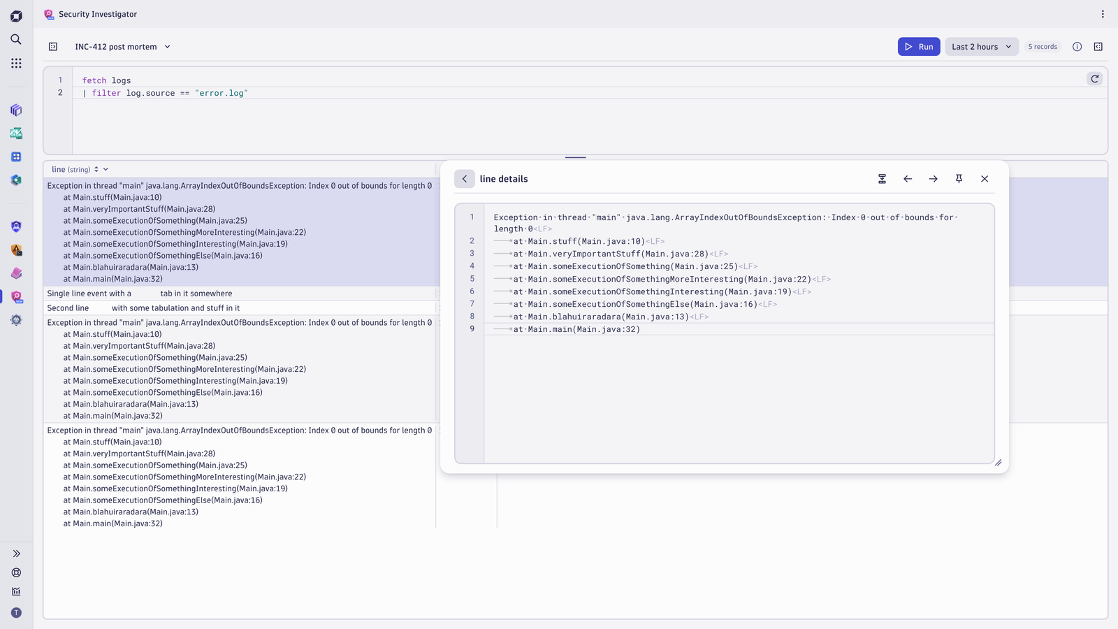 Multi-line content shows stack traces with line breaks in their original form.