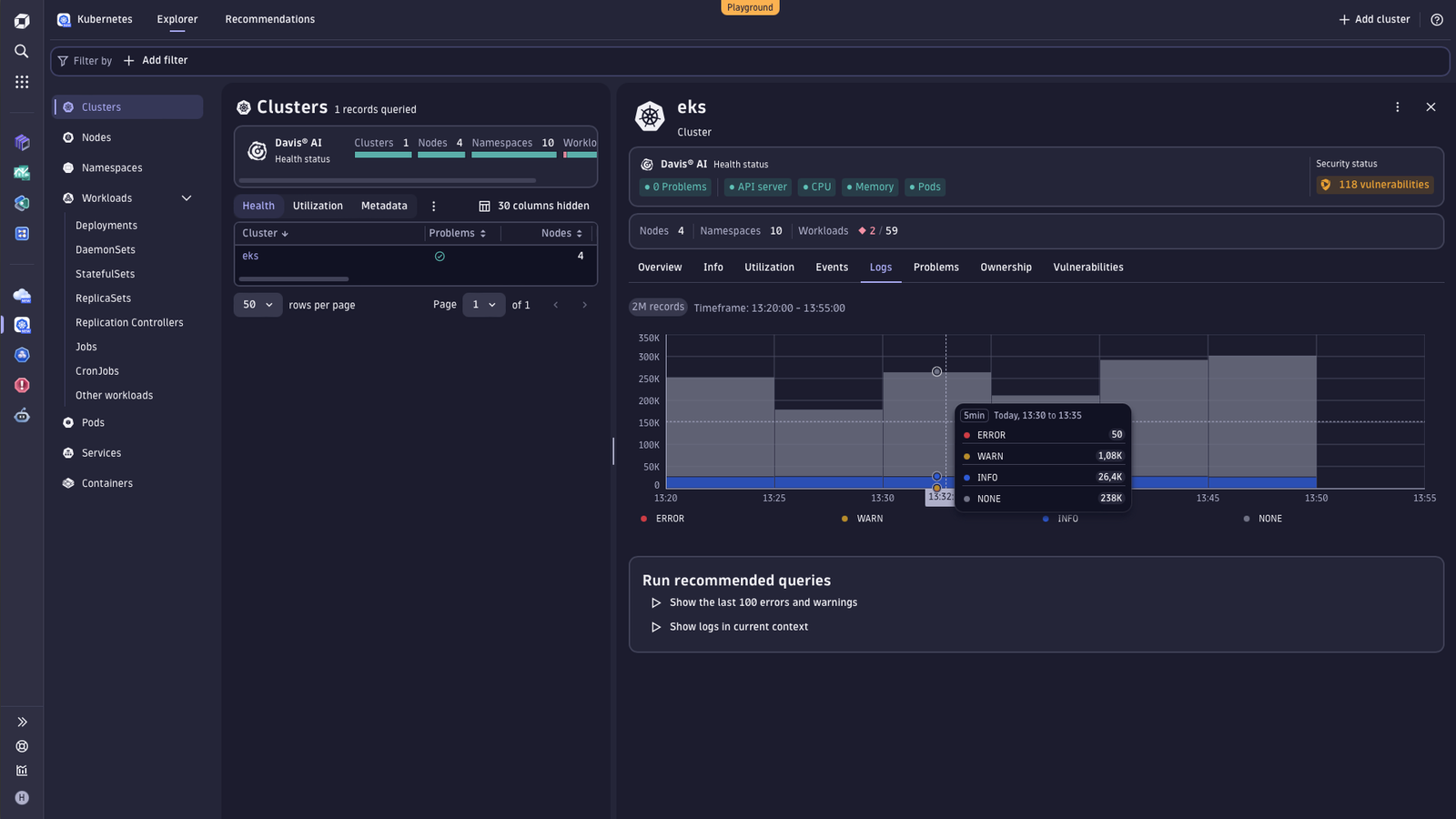 Kubernetes logs in context in Dynatrace screenshot