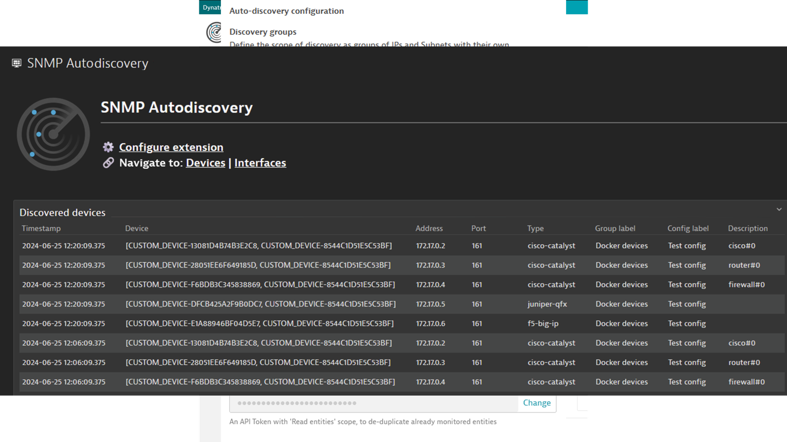 The out-of-the-box dashboard for the SNMP Autodiscovery extension.