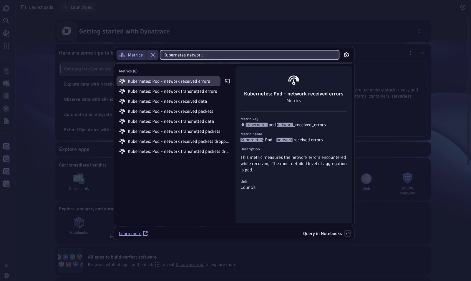 Browse and identify the appropriate metrics in Dynatrace screenshot