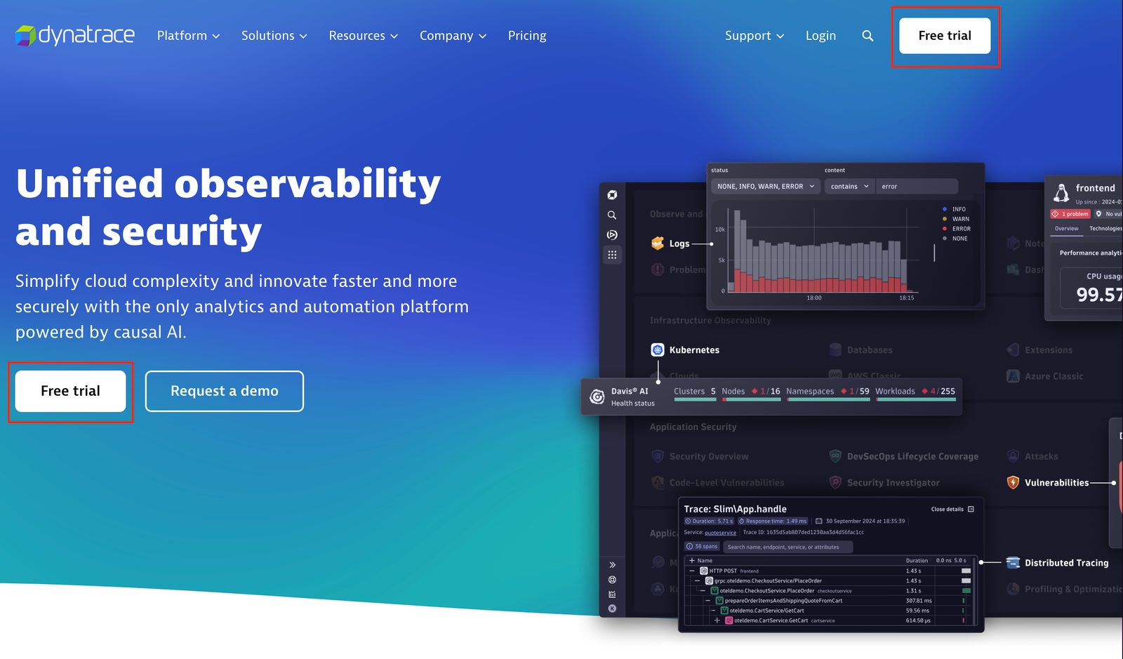 Free trial signup button at dynatrace.com