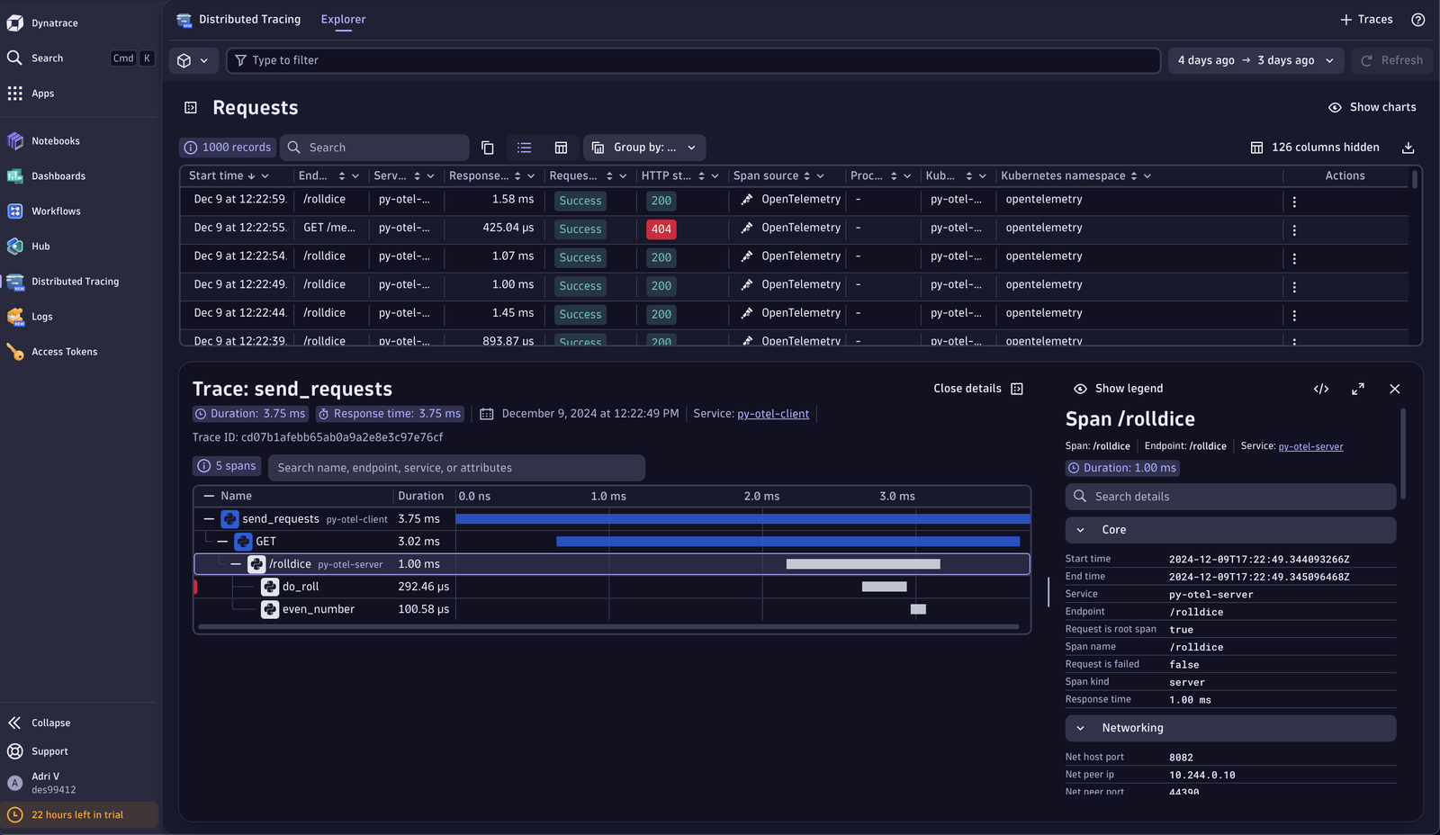 Dynatrace Distributed Tracing UI