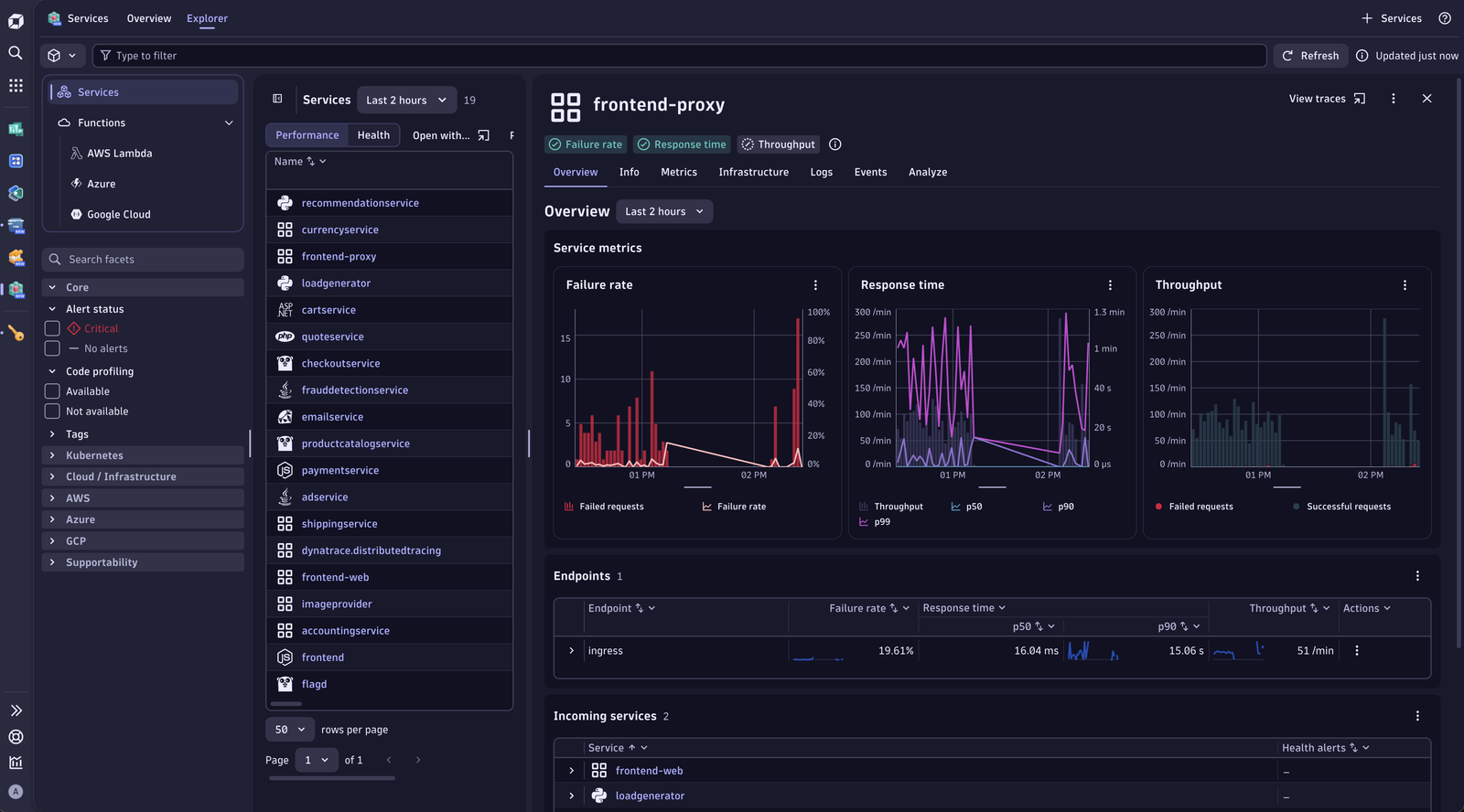 Analyze your deployed services with automated health analysis and more in the Services app in Dynatrace
