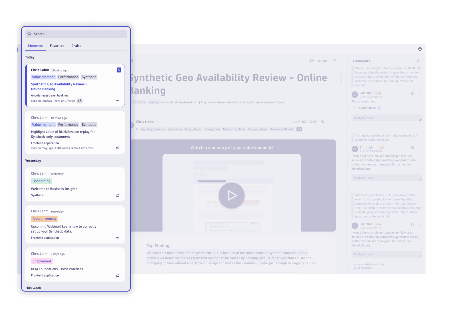 The Business Insights app centralizes all engagement and analysis in a single timeline view, making it easy to review everything the Business Insights team has provided for your organization.