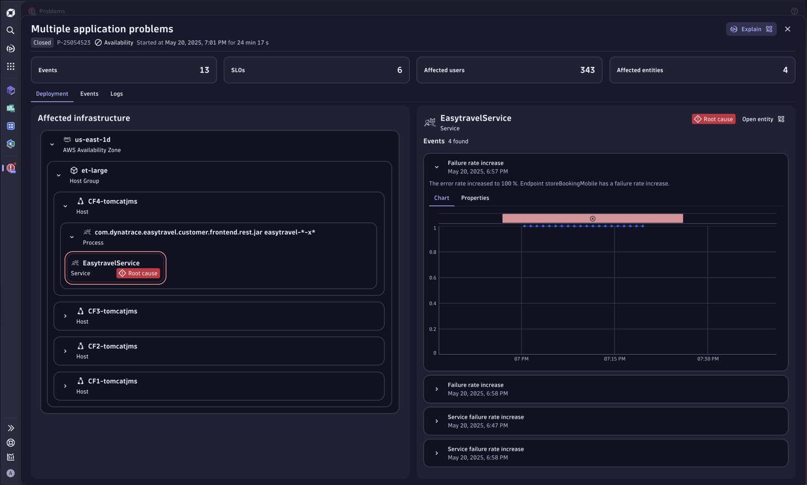 Screenshot of Dynatrace Problems app showing a problem detected using unified observability analysis.