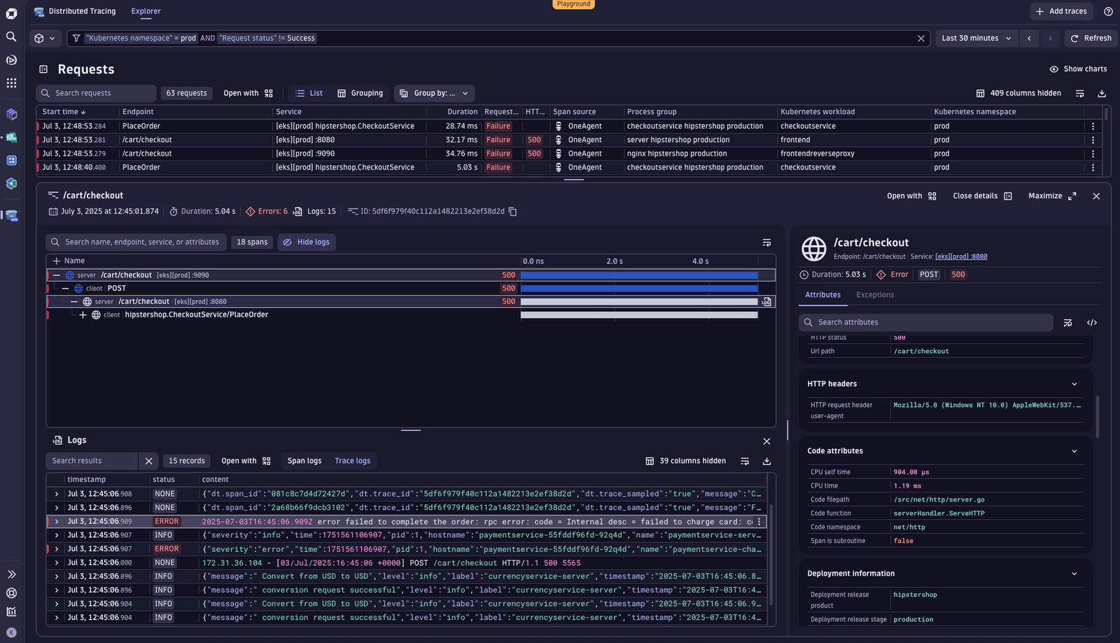 Distributed Tracing requests in Dynatrace screenshot