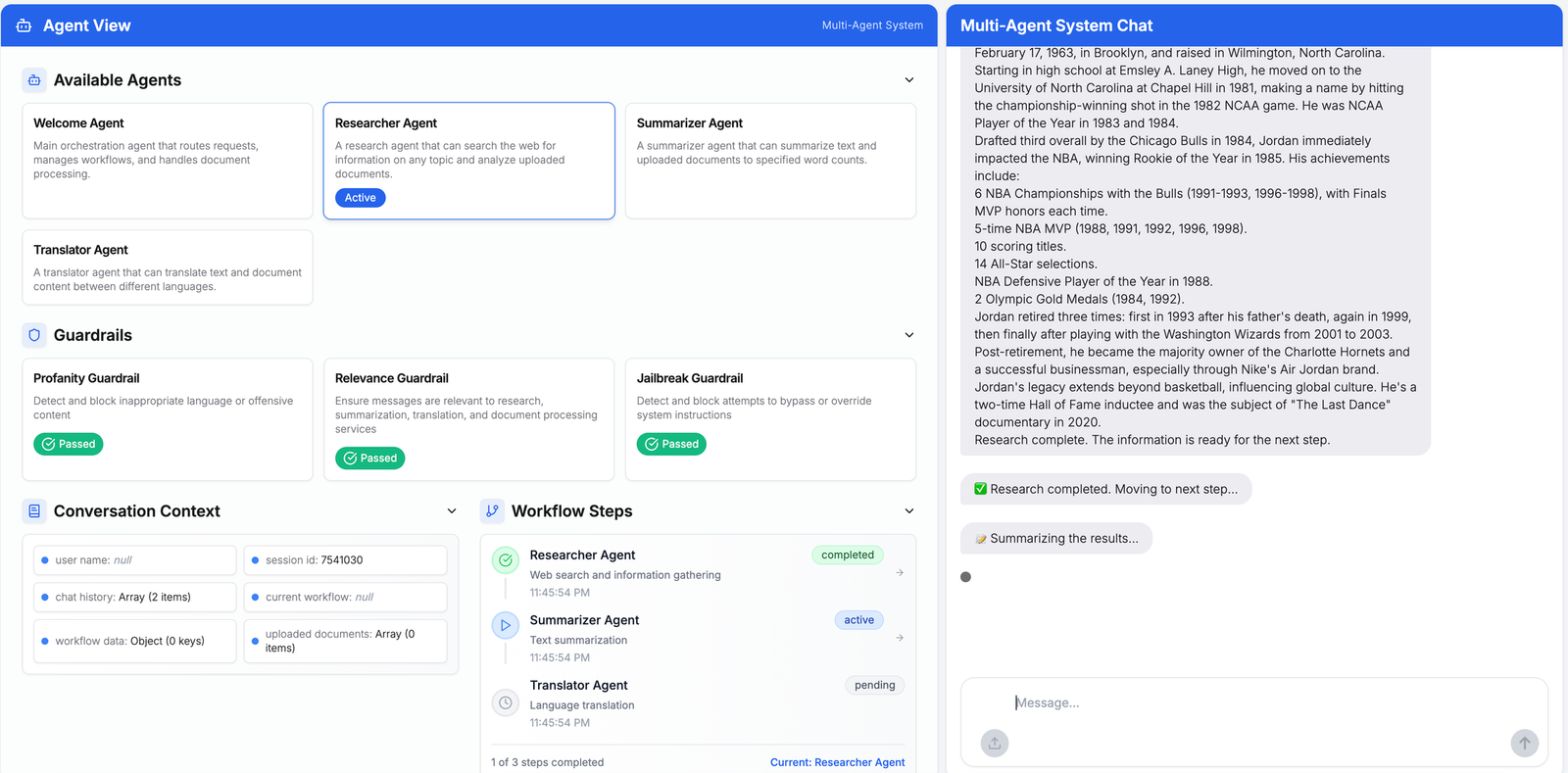 Researcher Agent, Handoff, and Summarizer activities of the multi-agent workflow