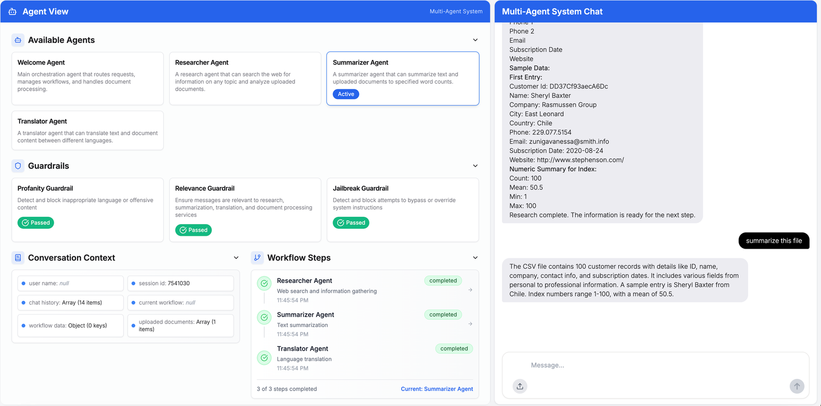 customer-uploaded CSV file and multi-agent triggers in the sample agentic AI application