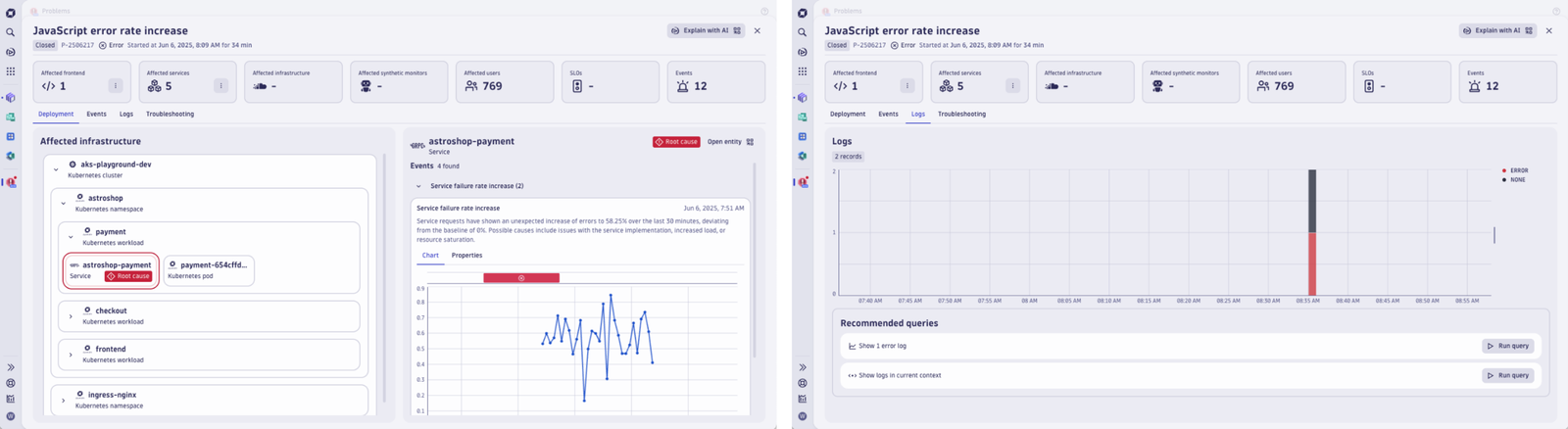 Figure 1. The problems page displays all important information, allowing you to directly access all incident-relevant error logs.