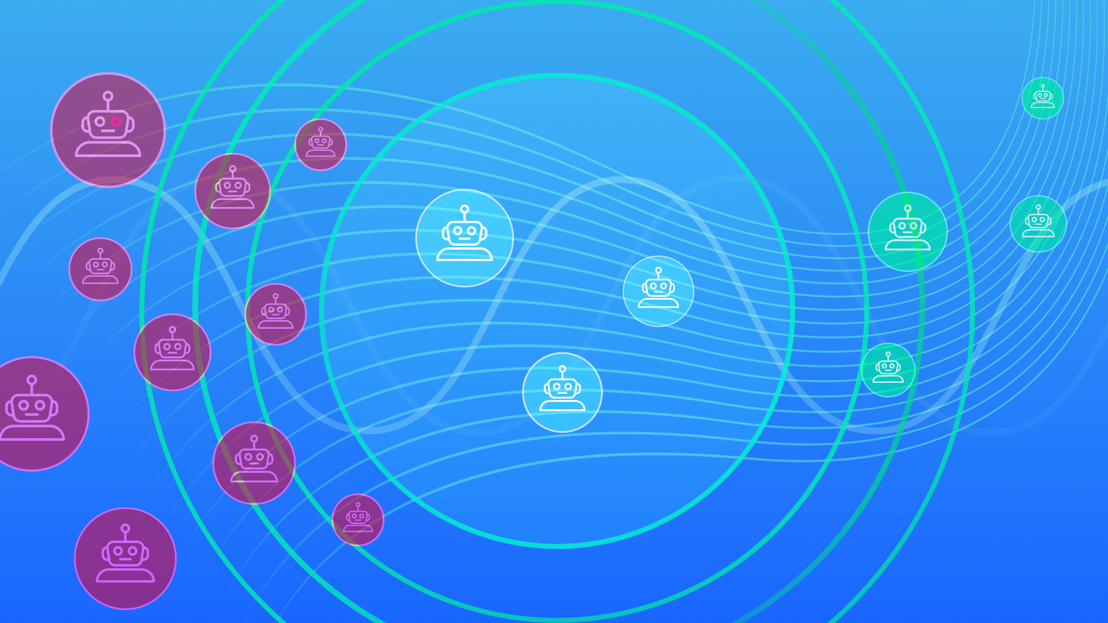 a series of dots containing robot icons appear along a time continuum swoosh representing Dynatrace observability