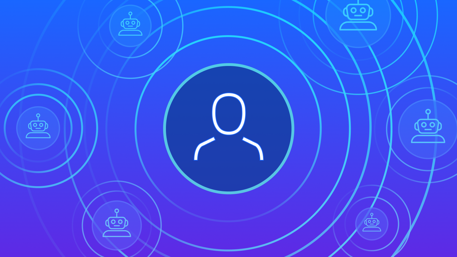 An outline of a person inside a circle at the center surrounded by robot icons representing Dynatrace observability prediction 5