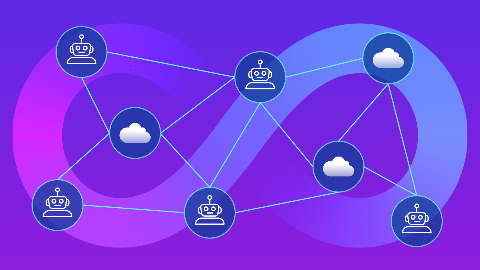 A series of robot icons interspersed and interconnected with cloud icons superimposed over an infinity loop representing DevOps