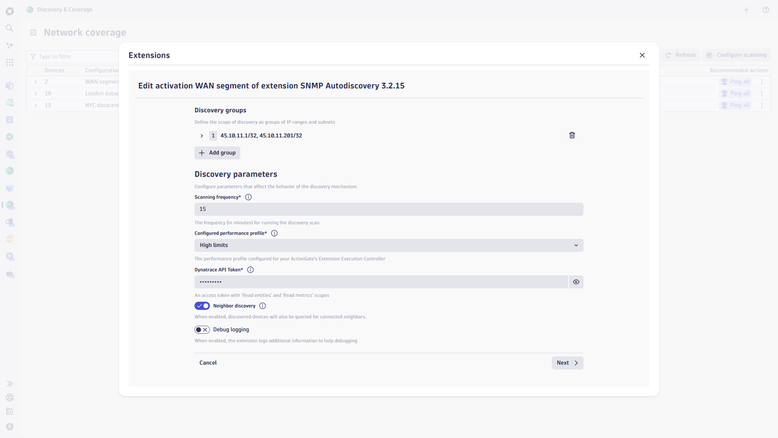 Edit SNMP network device observability configuration in Dynatrace
