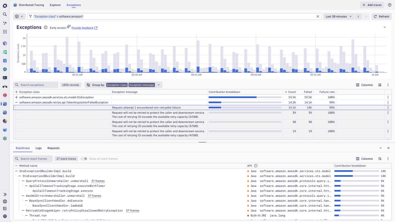 Get a complete view of exceptions across traces, with trends, failure rates, and detailed stack traces 